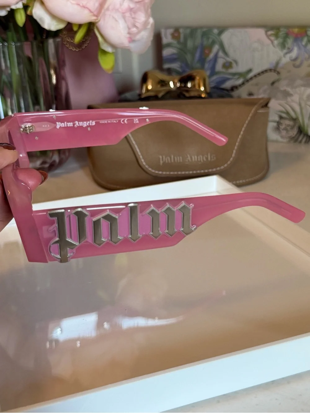 Palm Angels NIB Pink shades new in Brown Suede Sunglasses Case GIFTABLE
